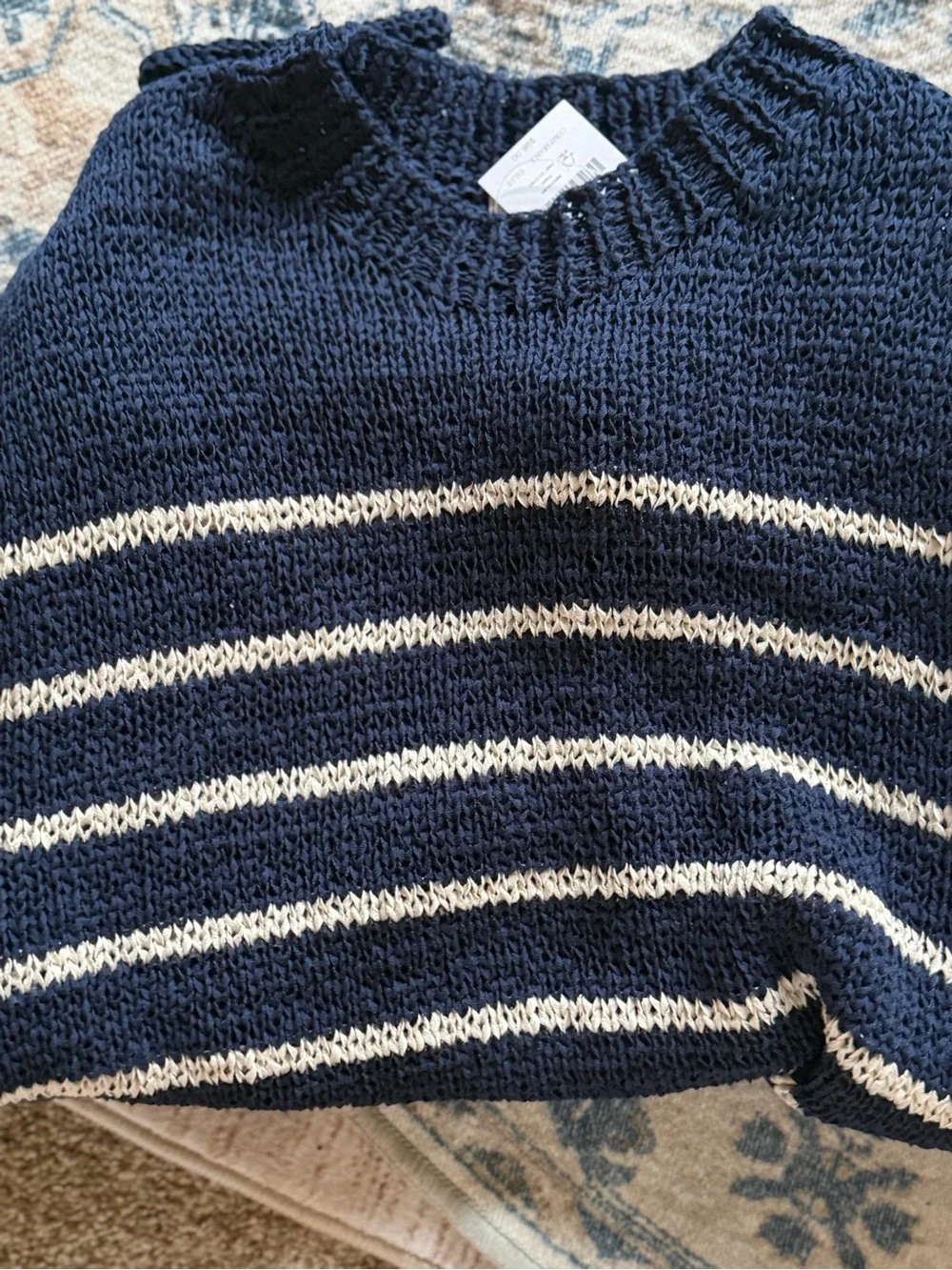 J. Crew Navy and Natural Striped Tape Yarn Crewneck Sweater